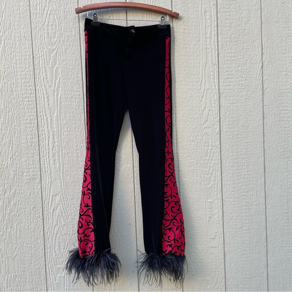 Womens Y2k‎ Flare Pants size XS? Black Velvet Red Feather Trim Withy Core Grun
